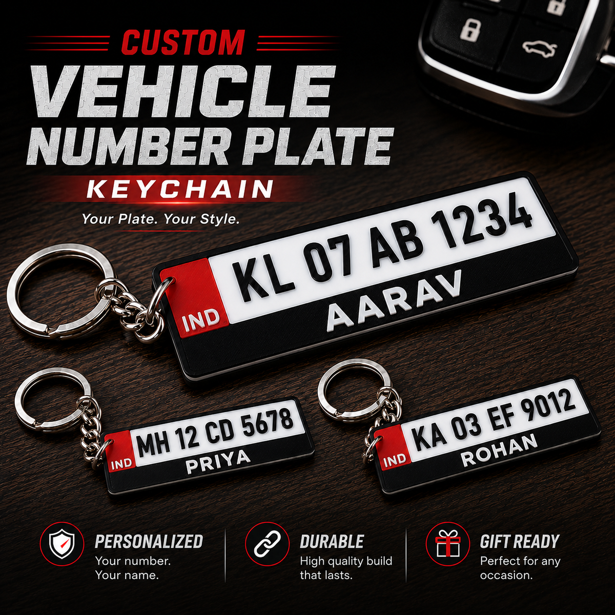 Classic style — custom vehicle number plate keychain with number and name