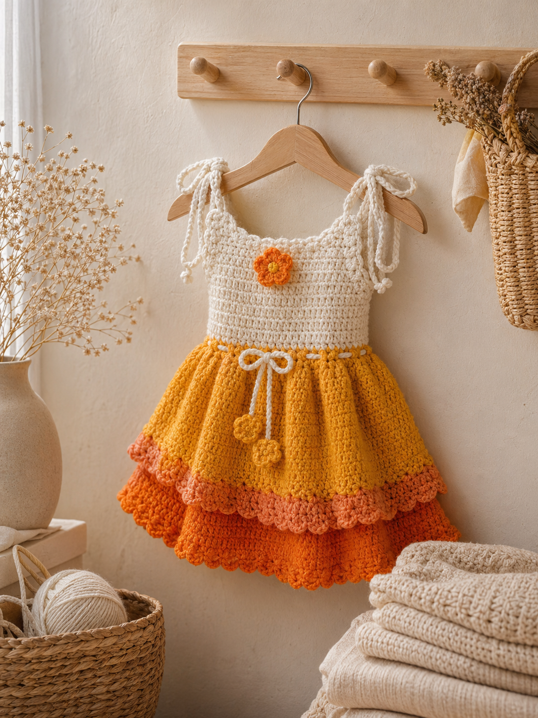 Orange Yellow Tiered Dress on hanger