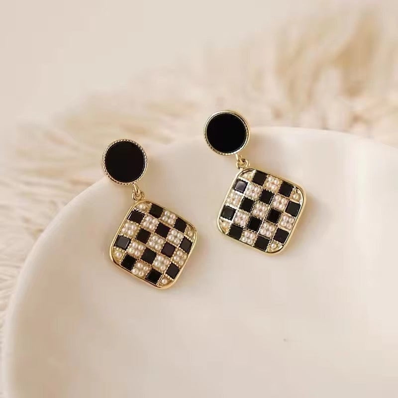 Black White Checkered Earrings - K015