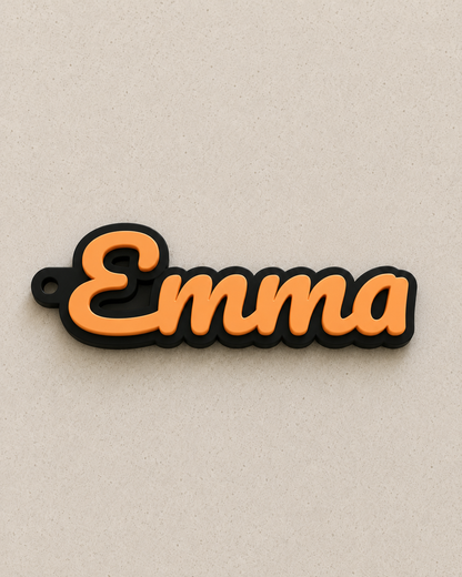 Orange name keychain with silver chain