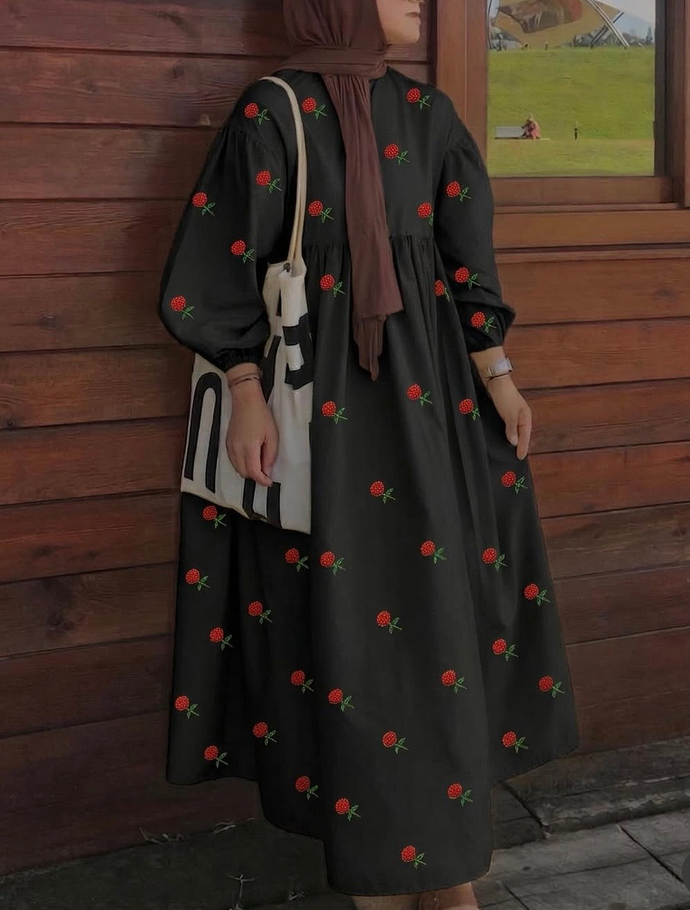 Rose embroidered modest maxi gown