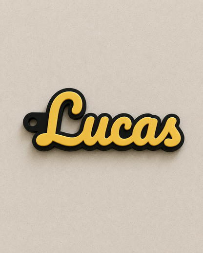 Yellow name keychain with silver chain