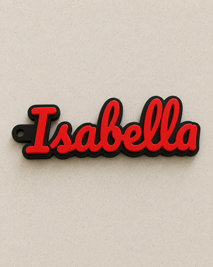 Red name keychain with silver chain