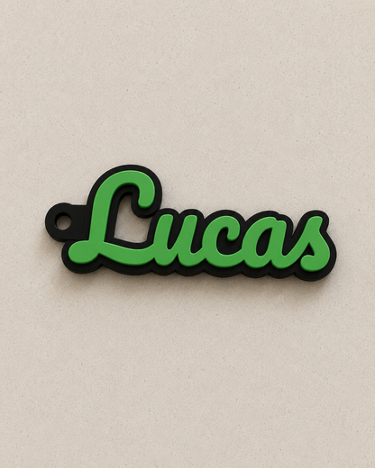 Green name keychain with silver chain