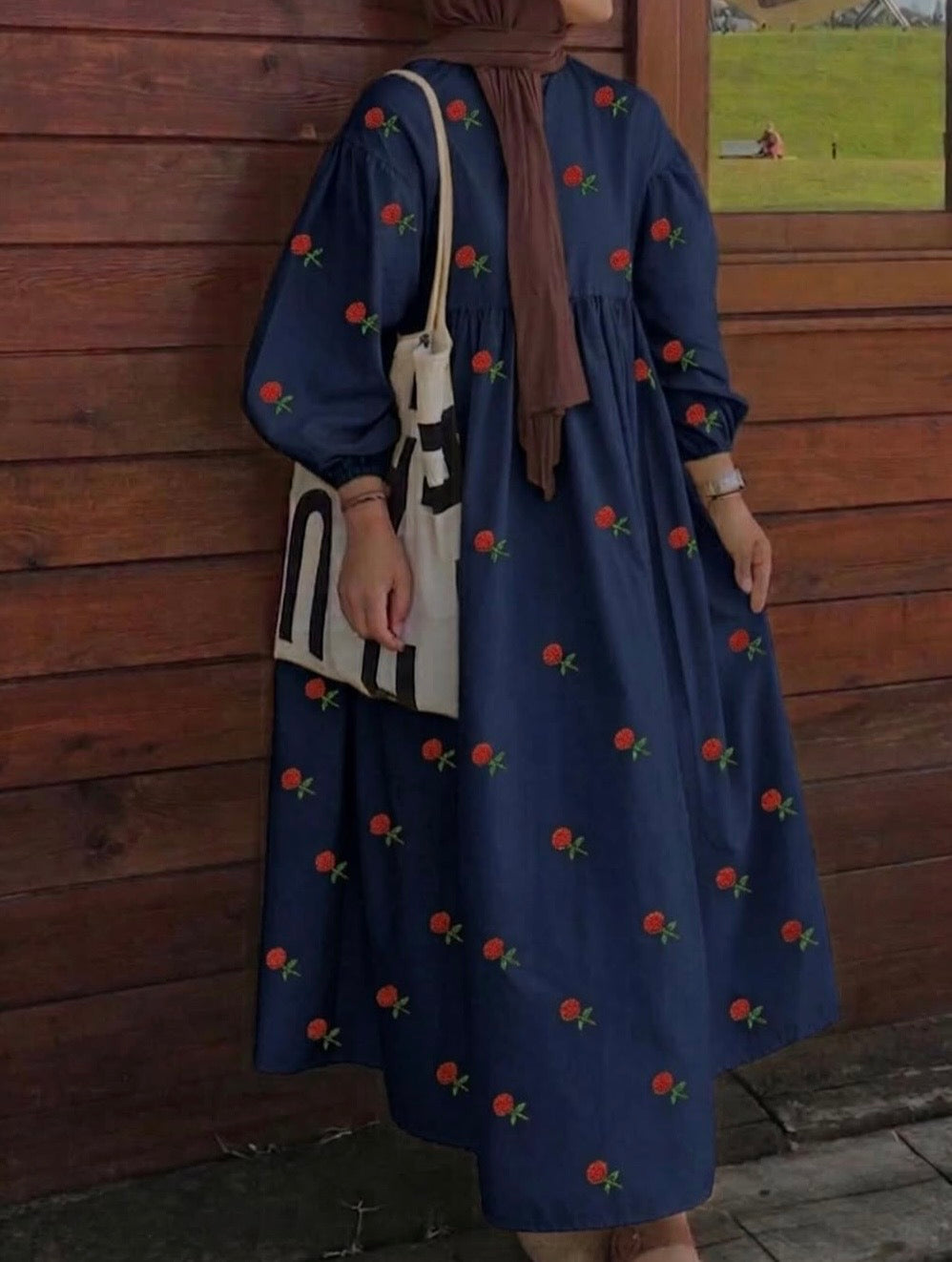 Rose embroidered modest maxi gown