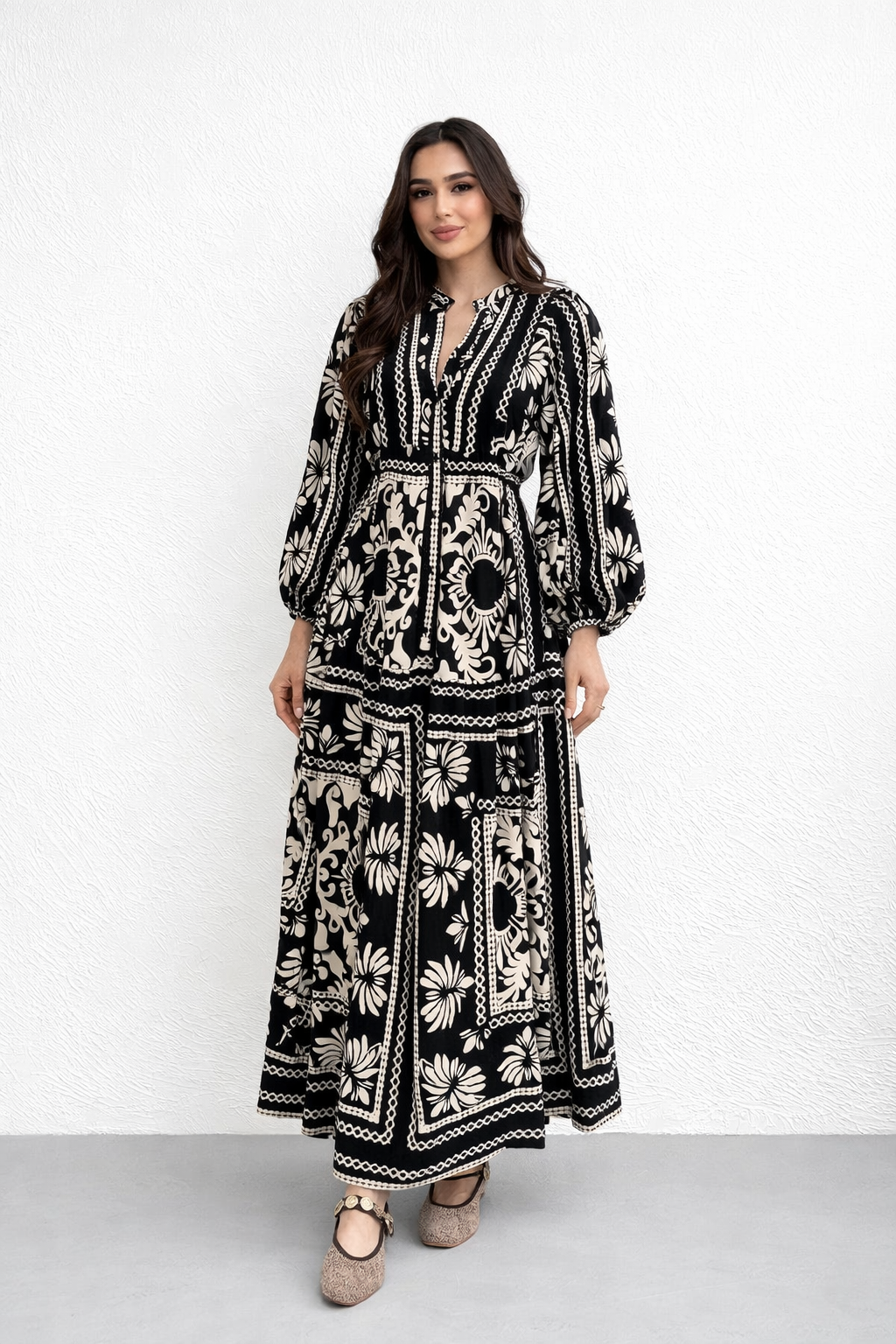 Zara Breezy Floral Maxi Gown – Black & White Modest Dress