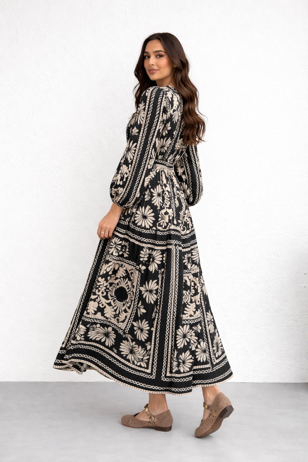 Zara Breezy Floral Maxi Gown – Black & White Modest Dress