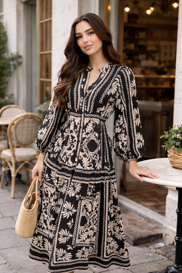 Zara Breezy Floral Maxi Gown – Black & White Modest Dress