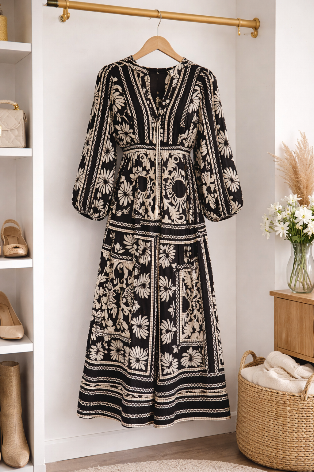 Zara Breezy Floral Maxi Gown – Black & White Modest Dress