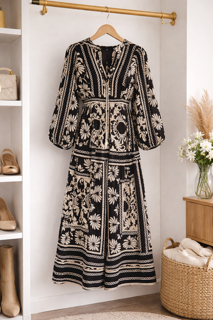 Zara Breezy Floral Maxi Gown – Black & White Modest Dress