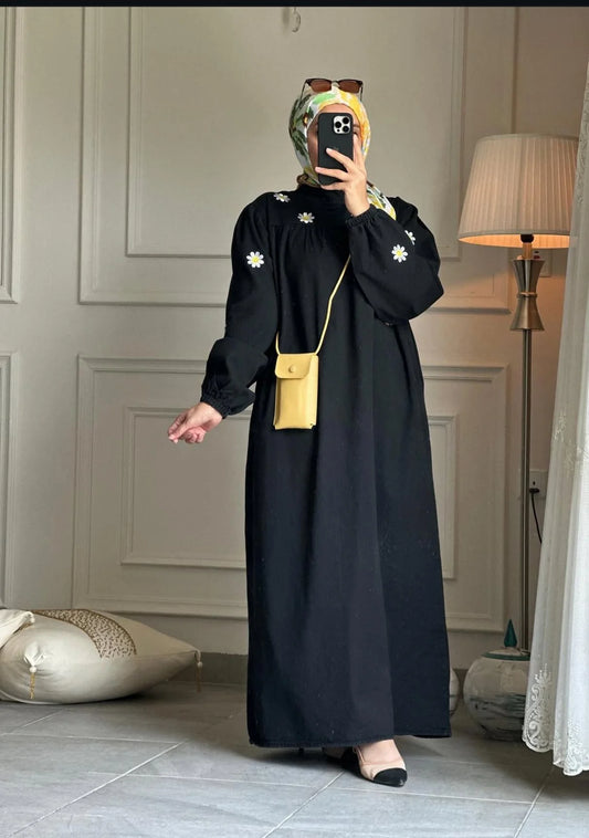 Daisy Embroidered Denim Abaya