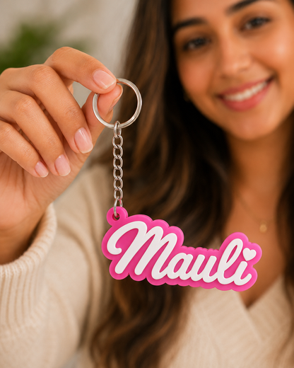 Barbie name keychain in Atomic Pink
