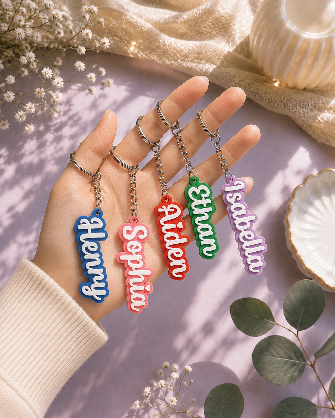 Candy style — custom name keychains in five colours