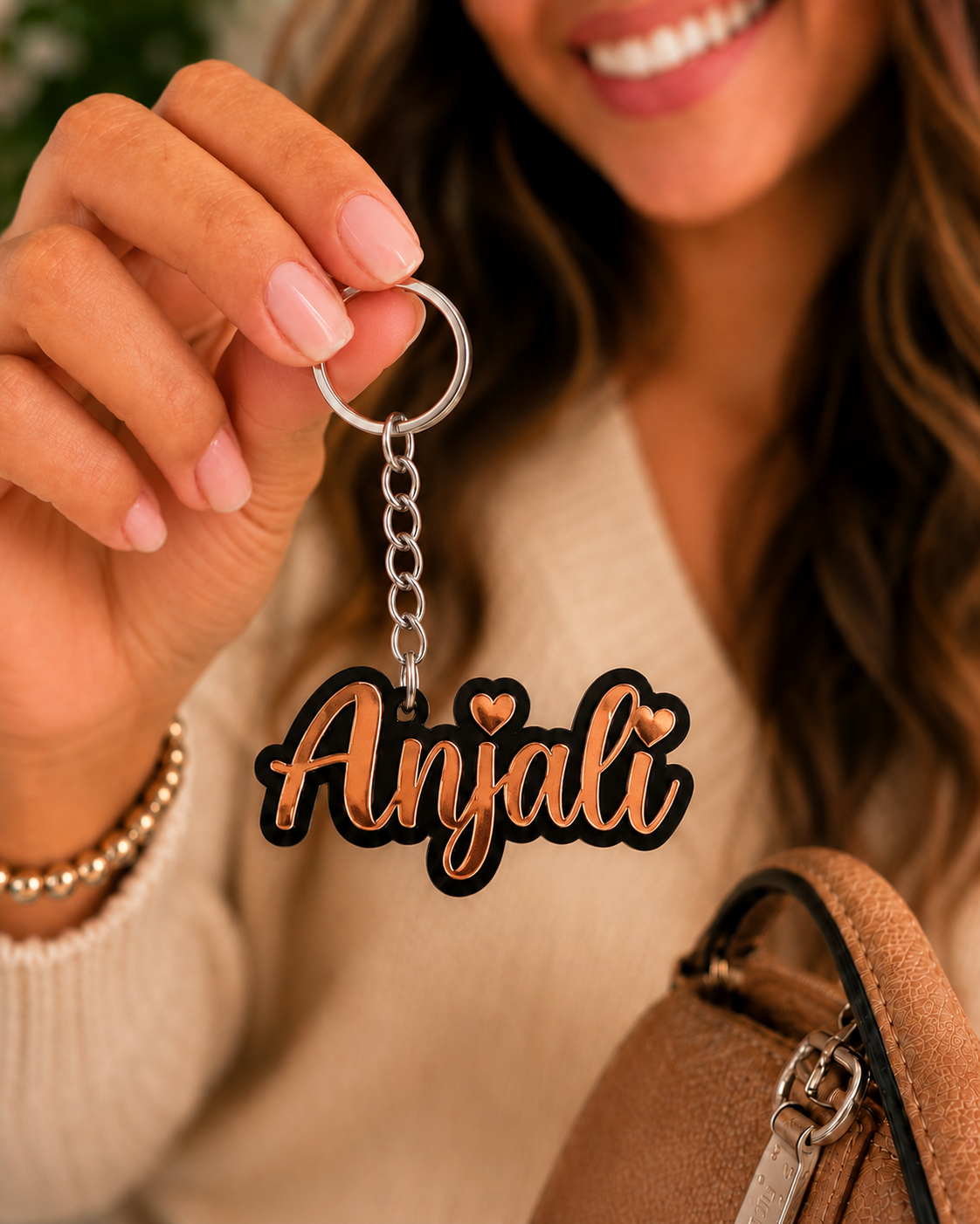 Elegant name keychain in Copper
