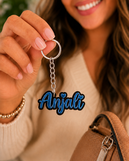 Elegant name keychain in Metallic Blue