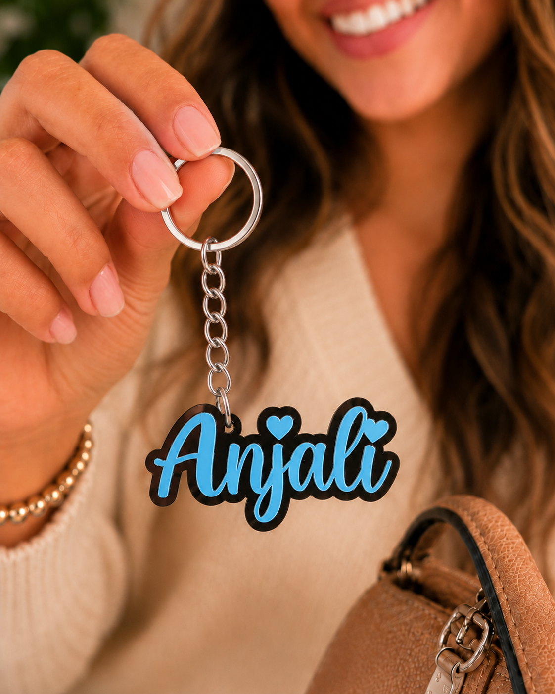 Elegant name keychain in Sky Blue