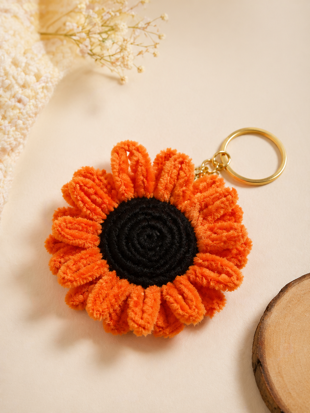 Crochet Sunflower Keychain — Orange (Black Center)