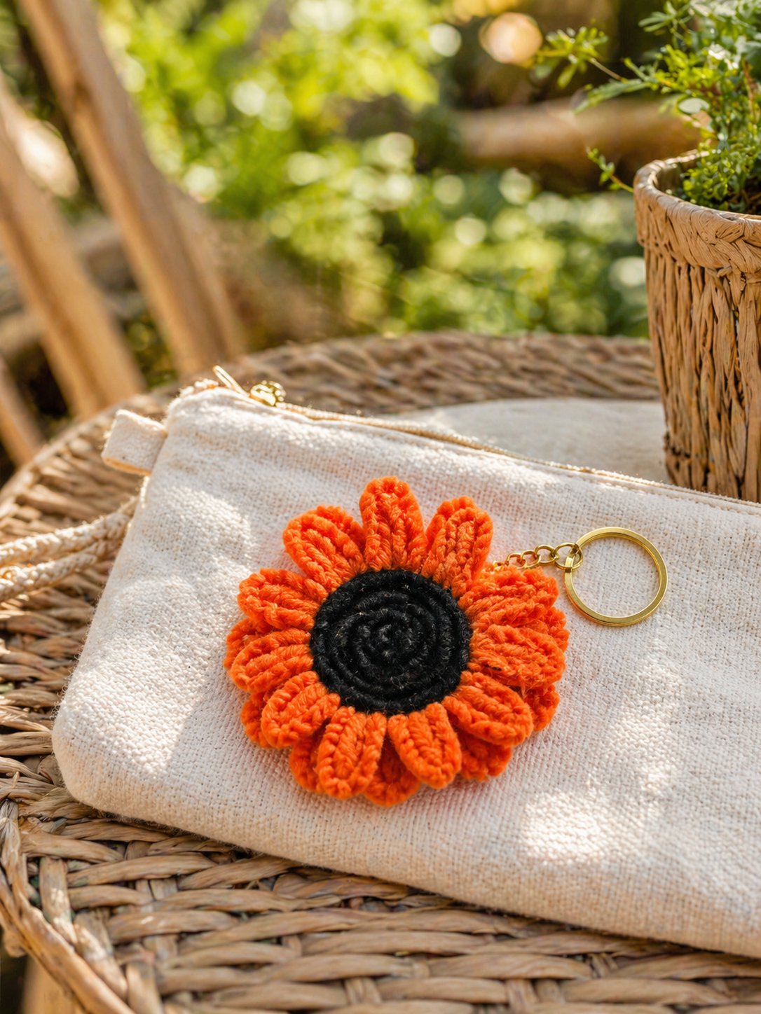Crochet Sunflower Keychain — Orange on Clutch