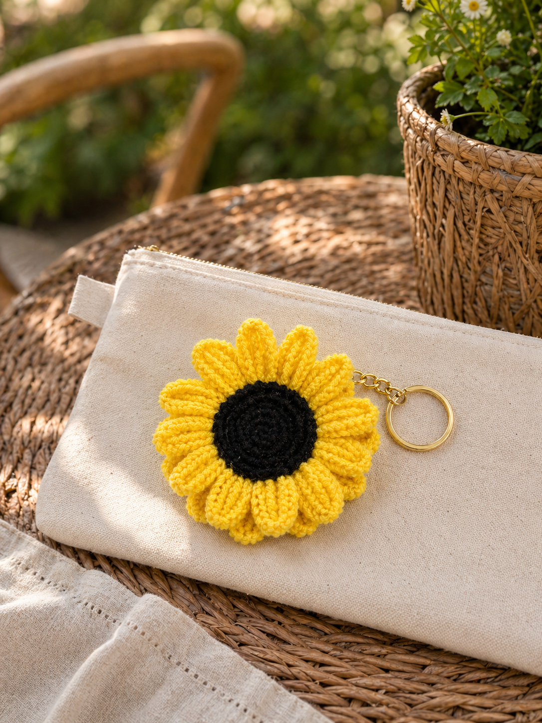 Crochet Sunflower Keychain — Yellow (Black Center)