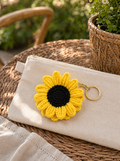 Crochet Sunflower Keychain — Yellow (Black Center)