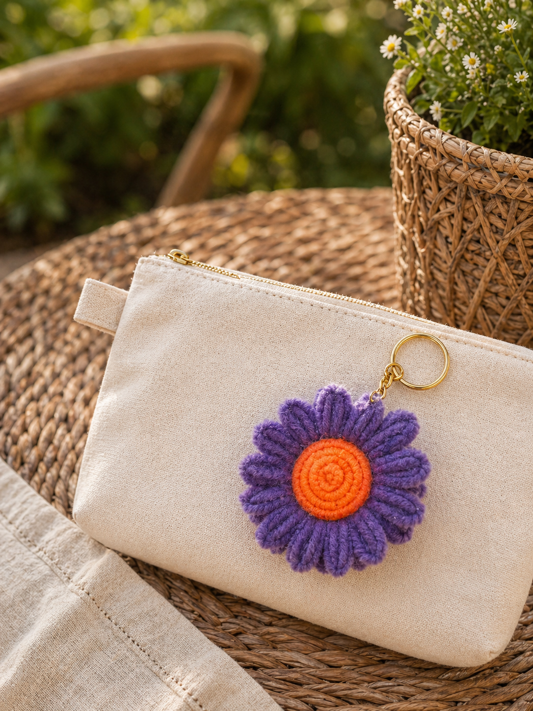 Crochet Sunflower Keychain — Purple (Orange Center)