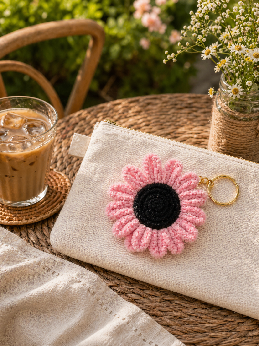 Crochet Sunflower Keychain — Pink (Black Center)