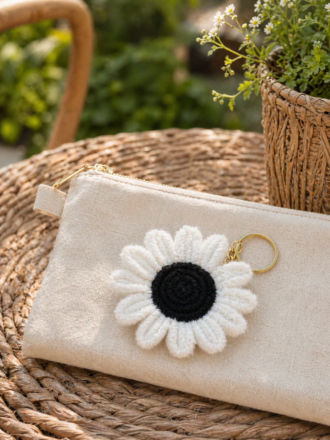 Crochet Sunflower Keychain — White (Black Center)