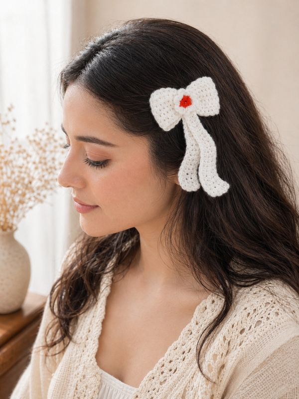White Crochet Bow Hair Clip