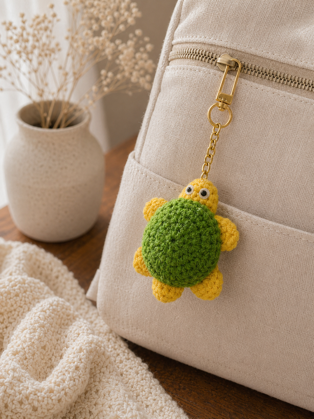 Crochet Turtle Keychain — Green and Yellow