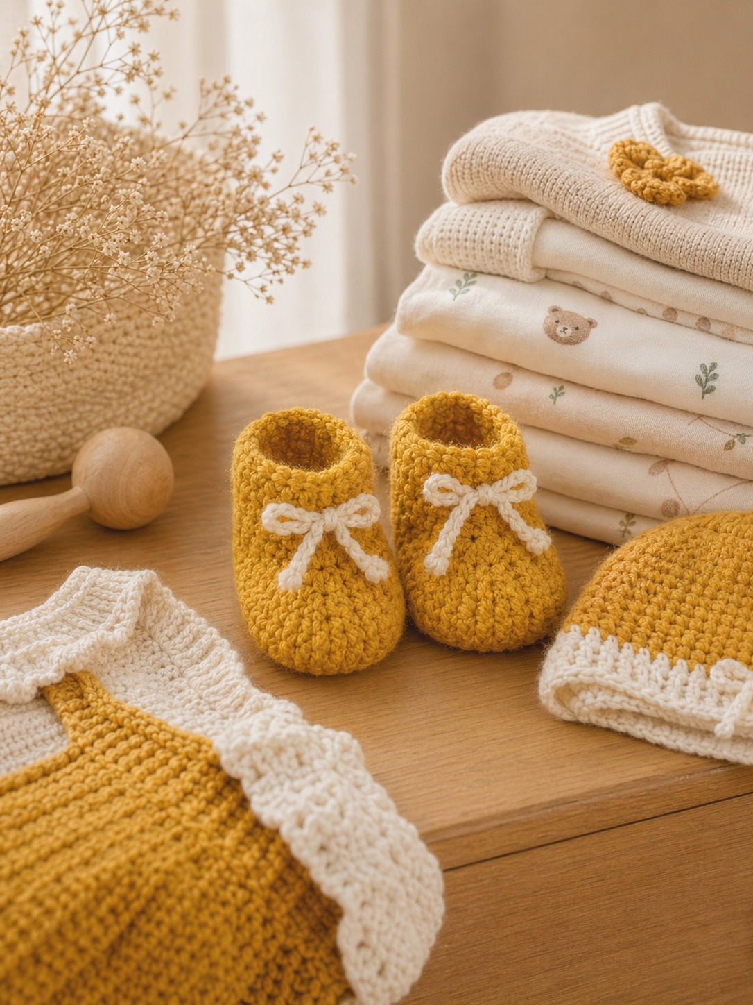 Yellow Booties styled with baby set