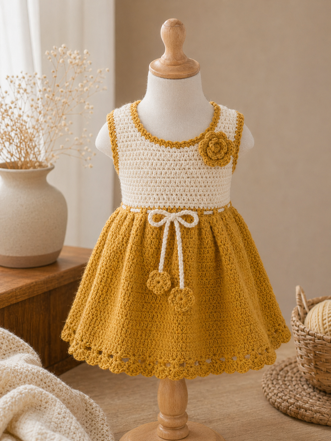 Yellow Cream Dress on mannequin