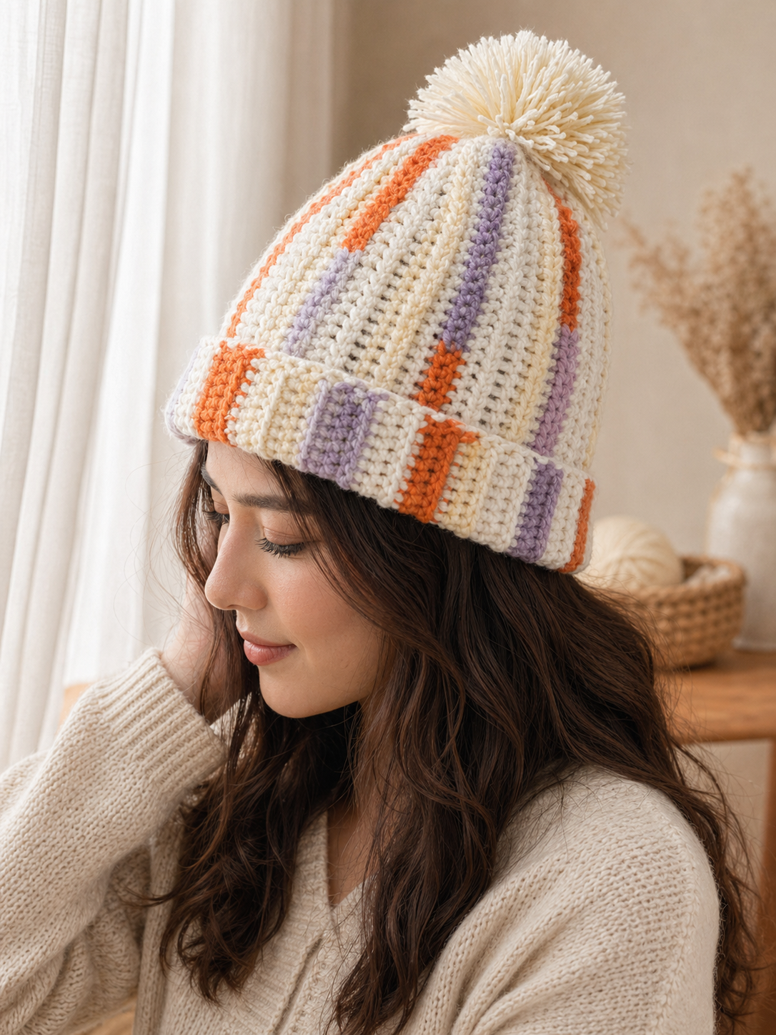 Striped Pom Beanie on model