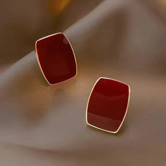 Red Enamel Oil Square Stud - K012