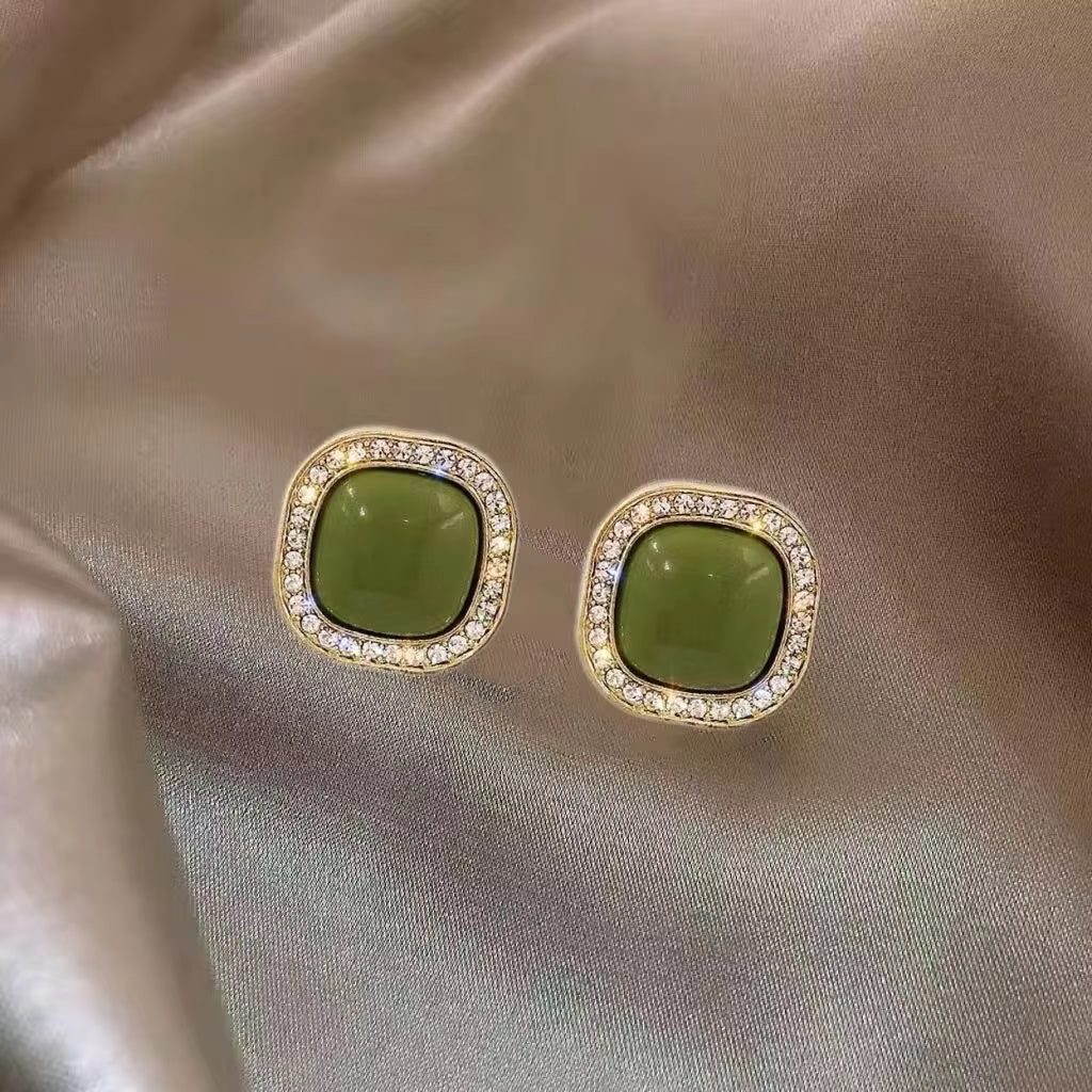Vintage Green Halo Square Earrings - K013