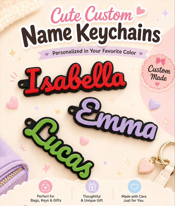Modern style custom name keychains — Isabella, Emma, Lucas