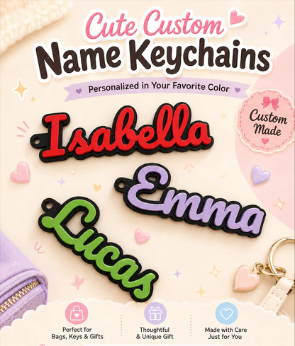 Modern style custom name keychains — Isabella, Emma, Lucas