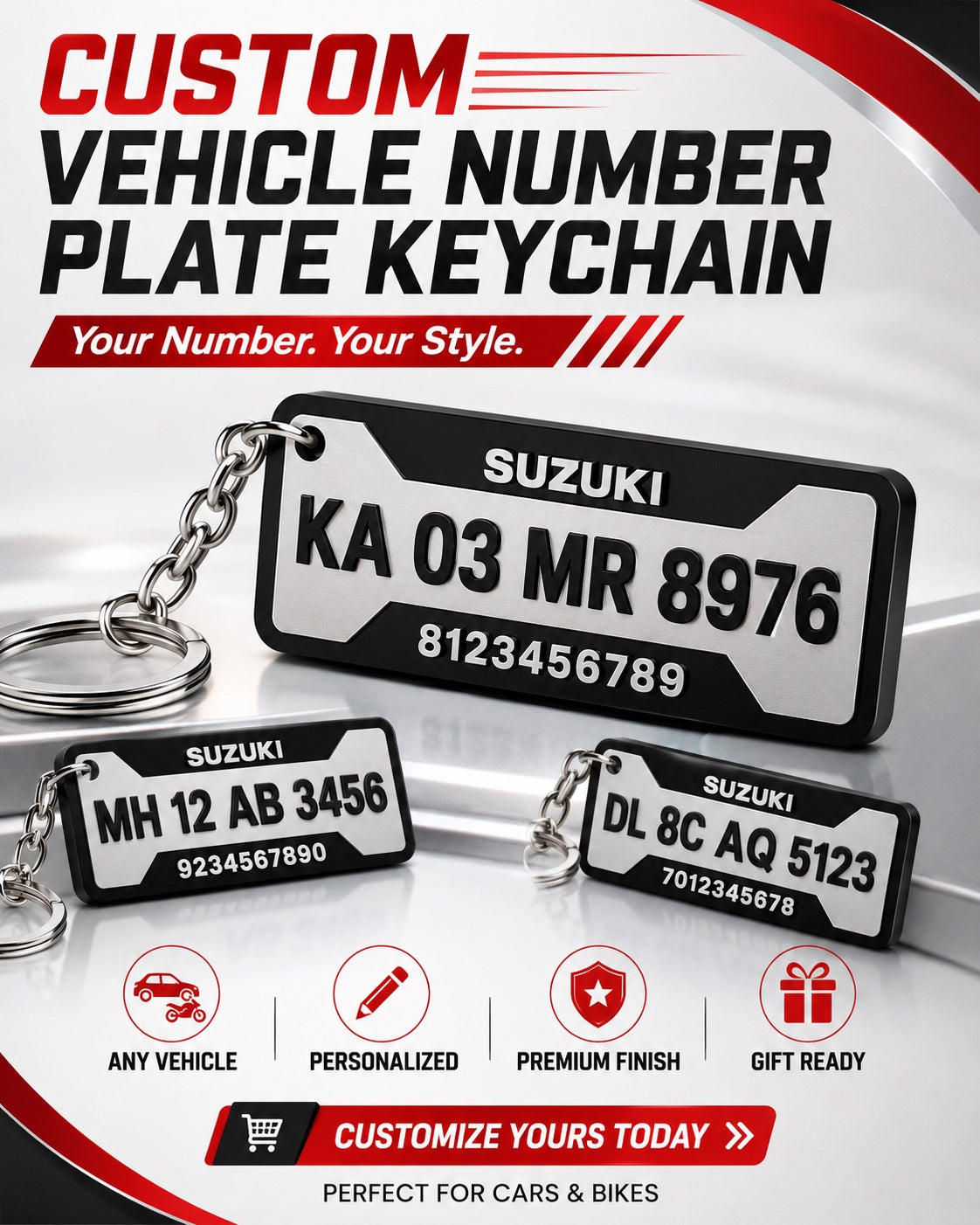 Custom vehicle number plate keychain in the Modern 3-line layout