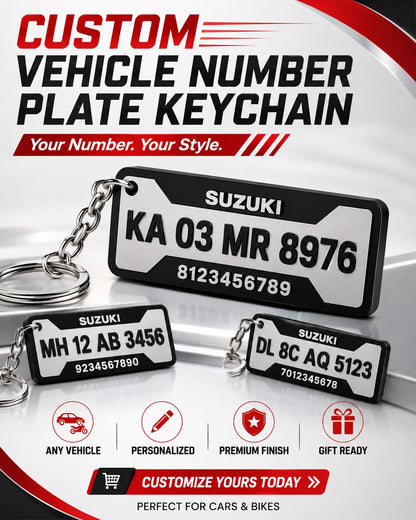 Custom vehicle number plate keychain in the Modern 3-line layout