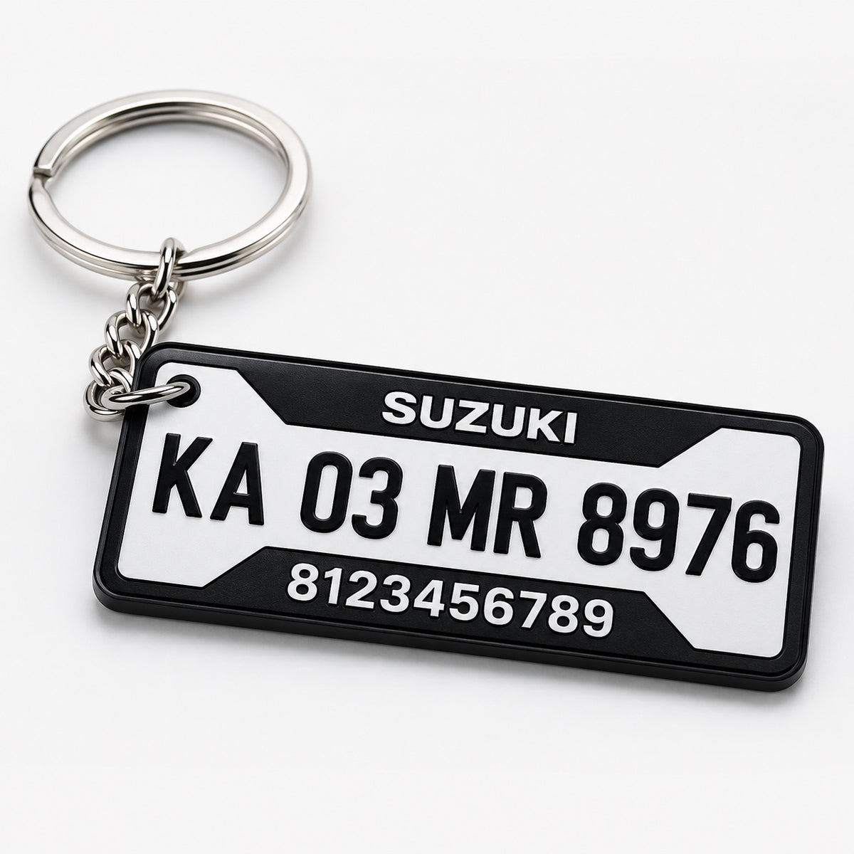 Modern style — 3-line bike plate keychain with brand, registration and phone