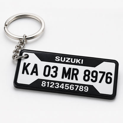 Modern style — 3-line bike plate keychain with brand, registration and phone