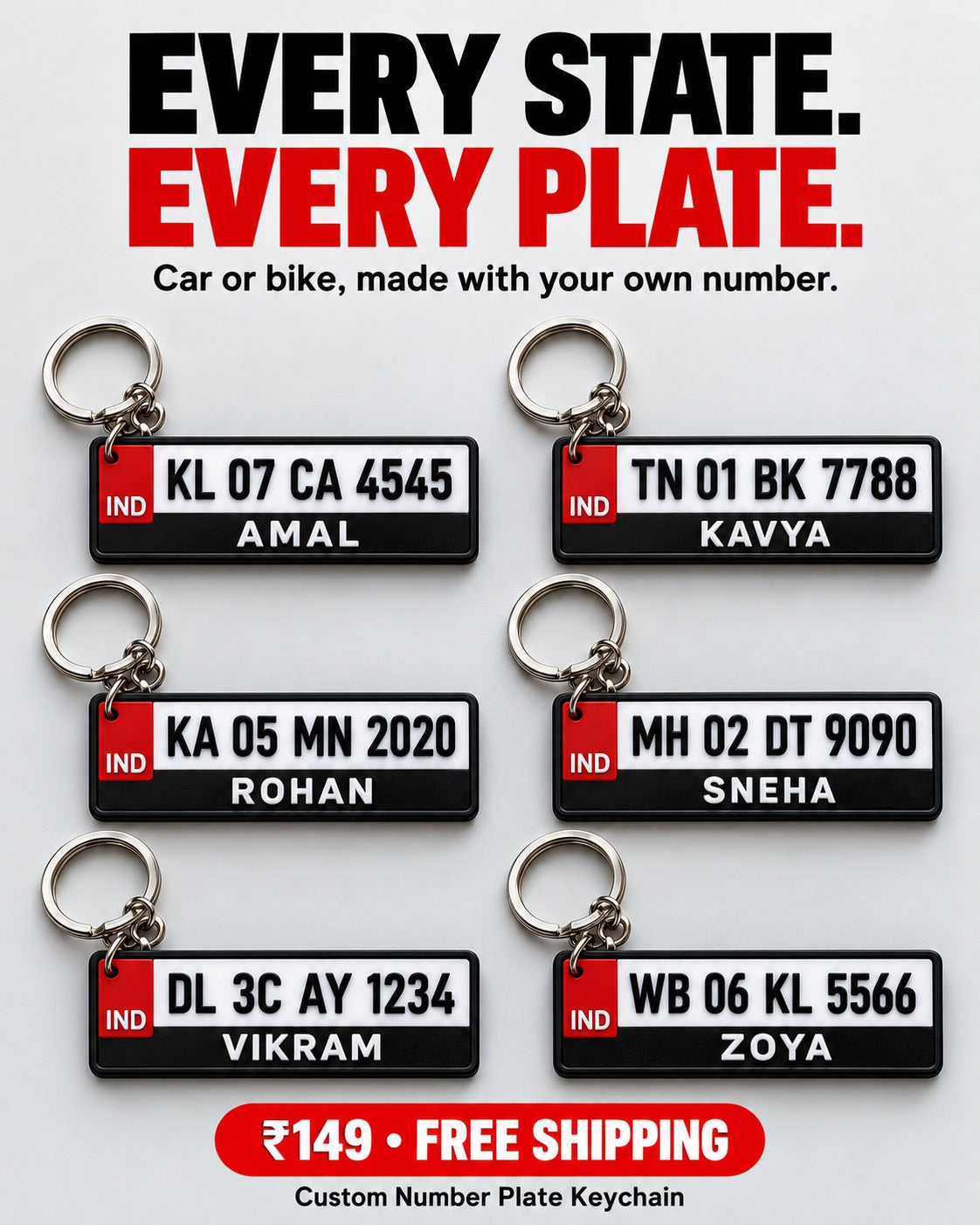 Number plate keychains for every state: Kerala, Tamil Nadu, Karnataka, Maharashtra, Delhi and West Bengal