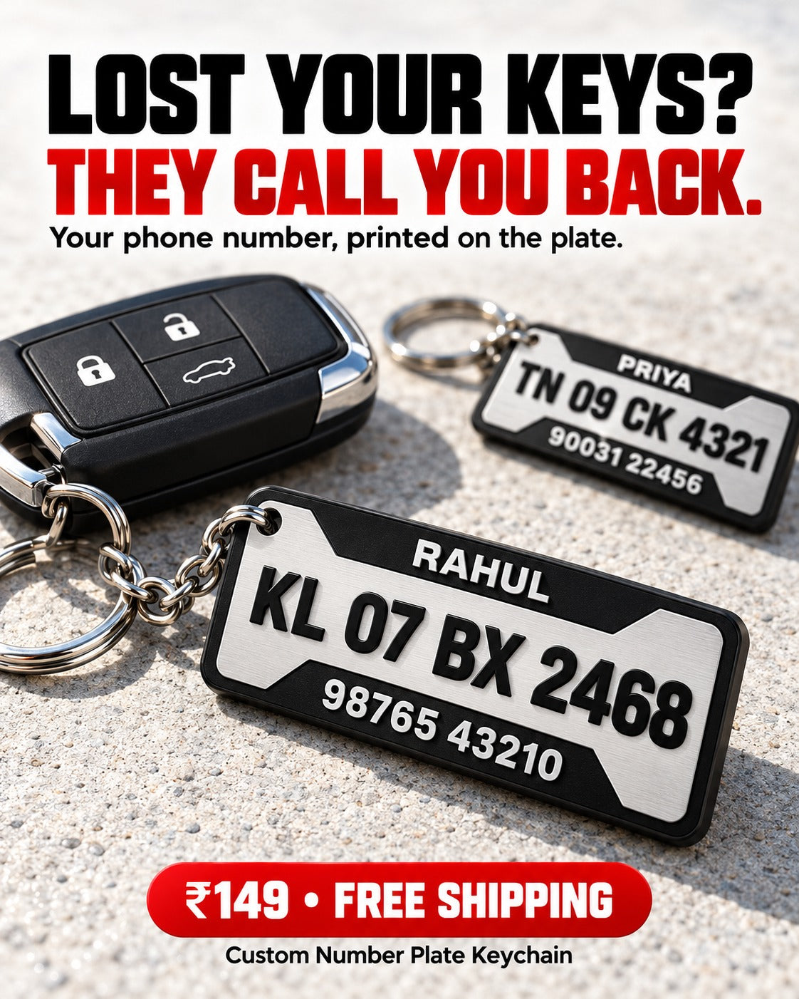 Lost your keys? They call you back: number plate keychains with a phone number printed on the plate