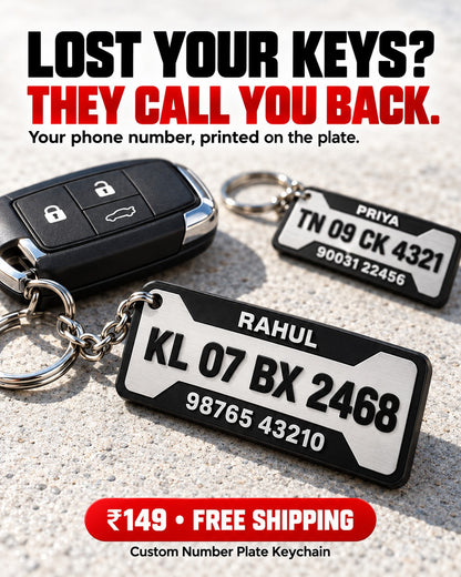 Lost your keys? They call you back: number plate keychains with a phone number printed on the plate