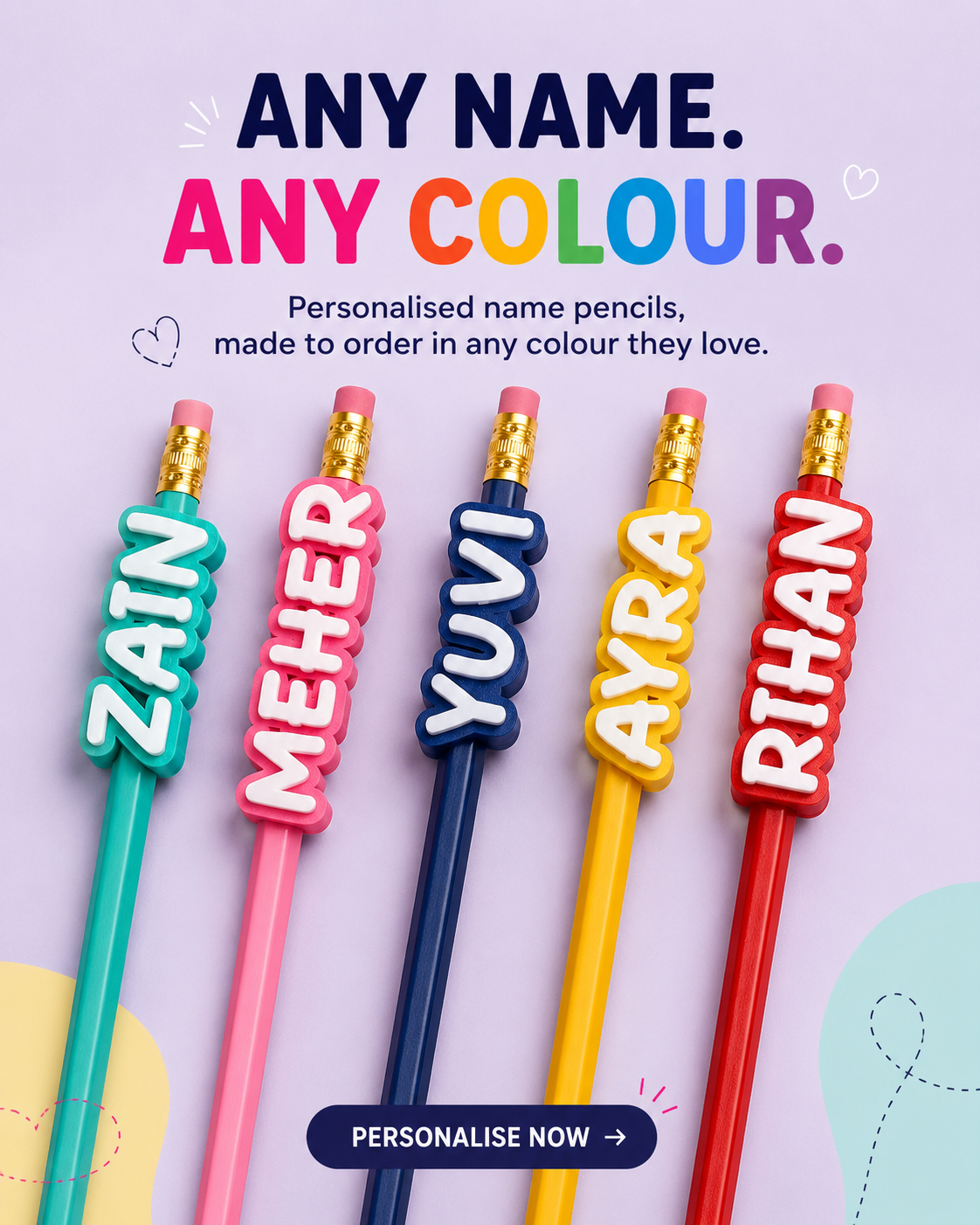 Any name, any colour - five personalised 3D printed name pencil toppers in teal, pink, navy, yellow and red
