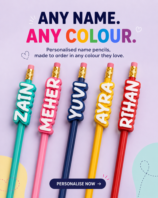Any name, any colour - five personalised 3D printed name pencil toppers in teal, pink, navy, yellow and red