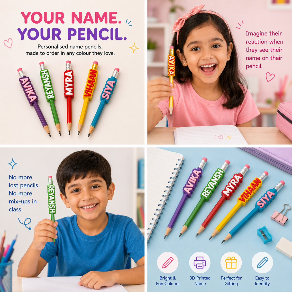 Your name, your pencil - personalised name pencil toppers, bright colours, 3D printed, easy to identify at school