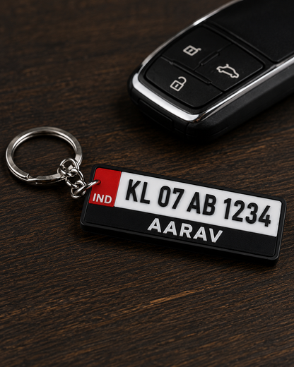 Custom vehicle number plate keychain with car key on a wooden table