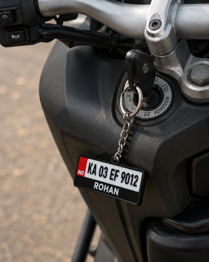Number plate keychain on a scooter ignition key
